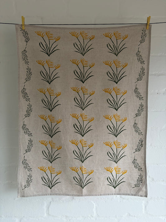 Block Printed Kangaroo Paw Linen Tea Towel