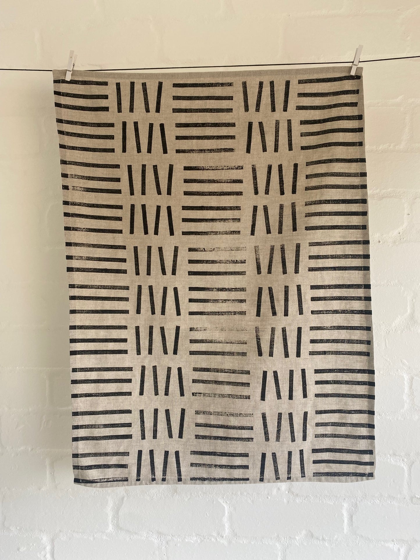 Block Printed Line Linen Tea Towel