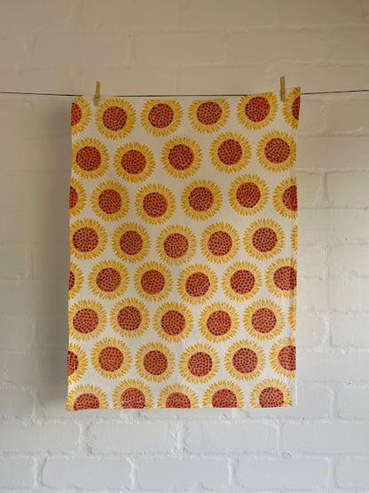 Block Printed Sunflower Linen Tea Towel