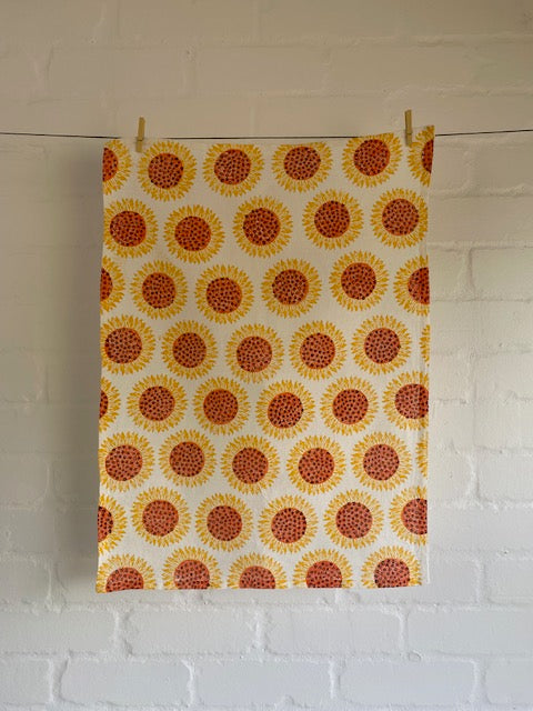 Block Printed Sunflower Linen Tea Towel