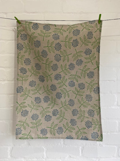 Block Printed Hydrangea Linen Tea Towel