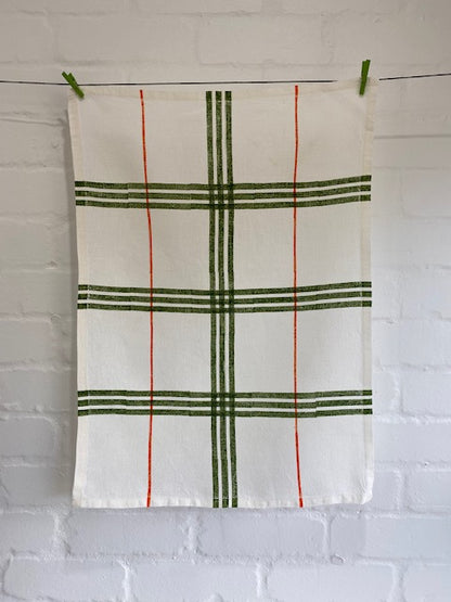 Block Printed Check Linen Tea Towel