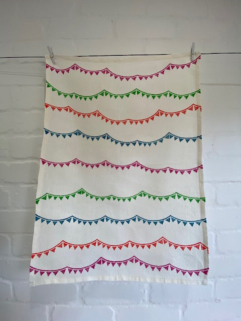 Block Printed Bunting Linen Tea Towel