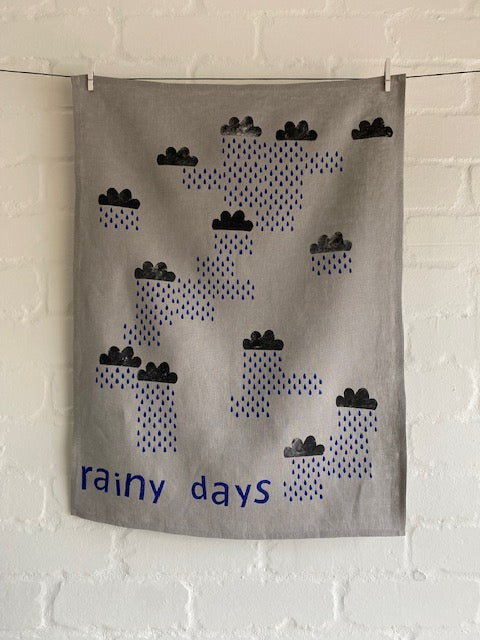 Block Printed Rainy Days Linen Tea Towel