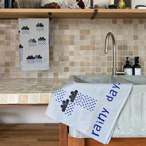 Block Printed Rainy Days Linen Tea Towel