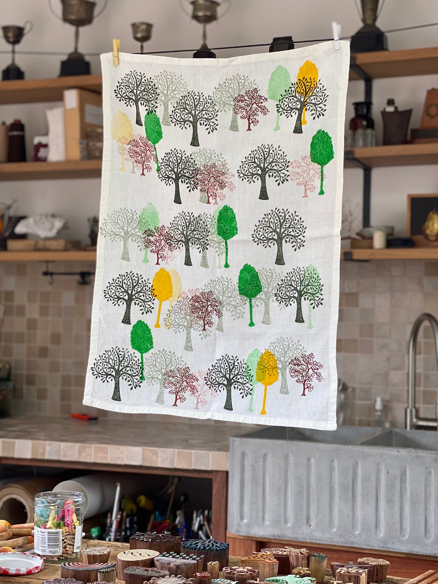 Block Printed Forest Linen Tea Towel