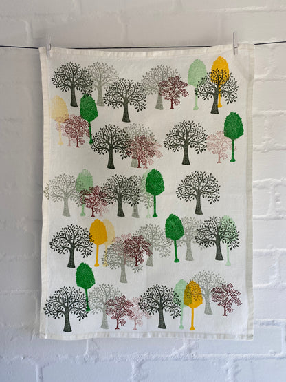 Block Printed Forest Linen Tea Towel