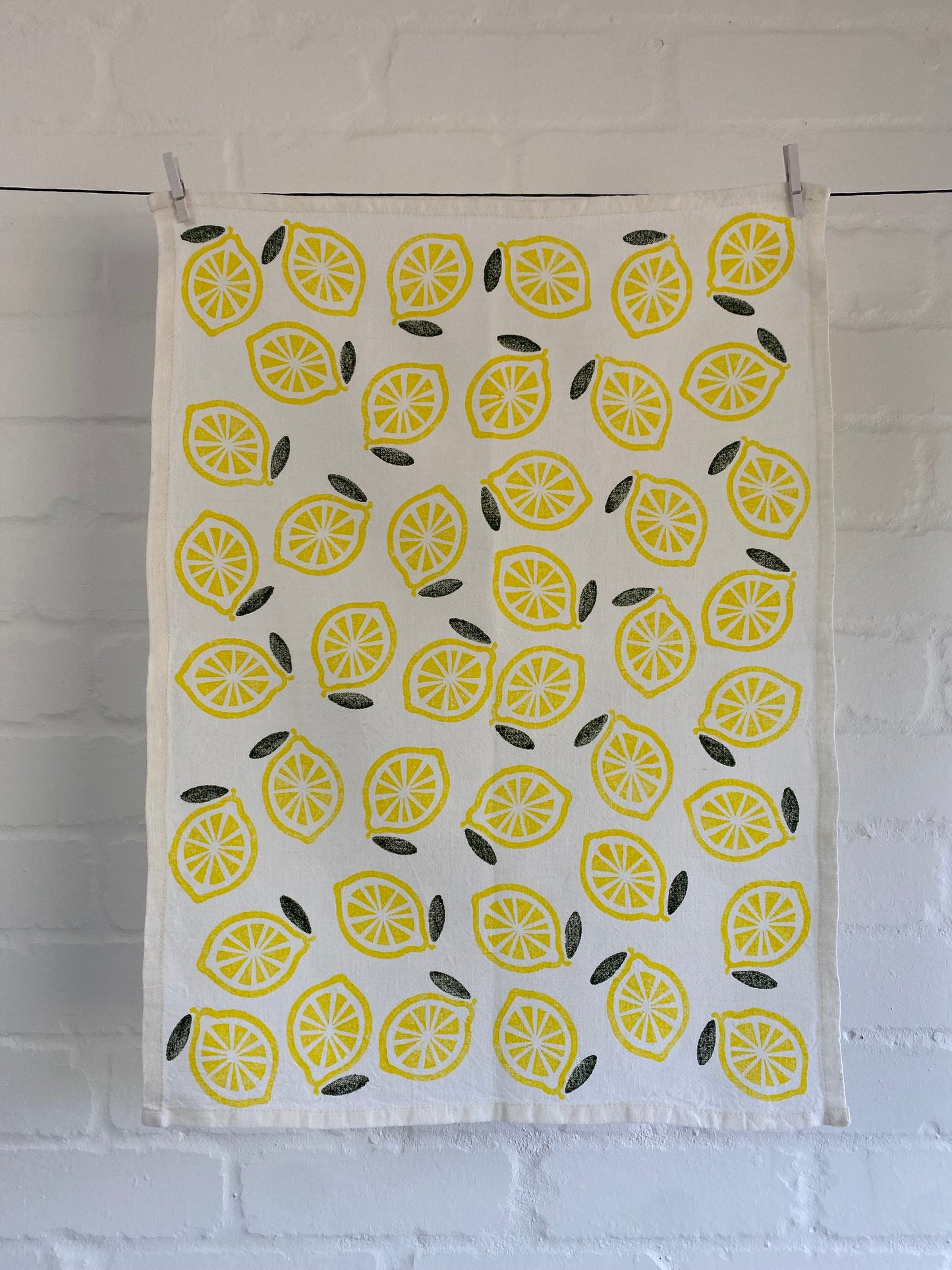Block Printed Lemons Linen Tea Towel