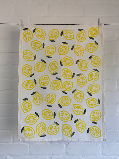 Block Printed Lemons Linen Tea Towel