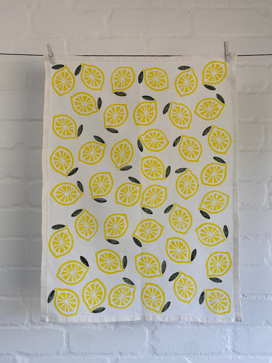 Block Printed Lemons Linen Tea Towel