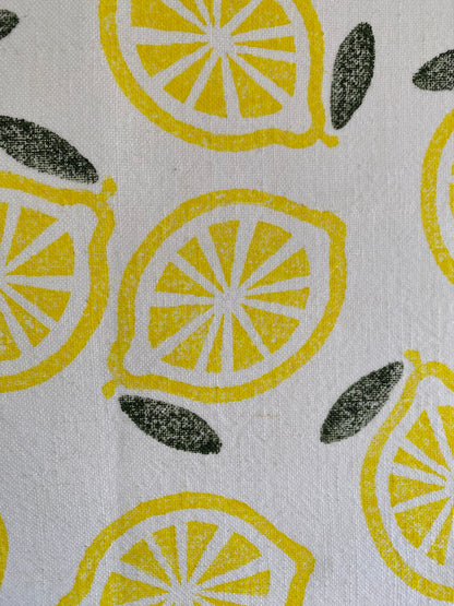 Block Printed Lemons Linen Tea Towel